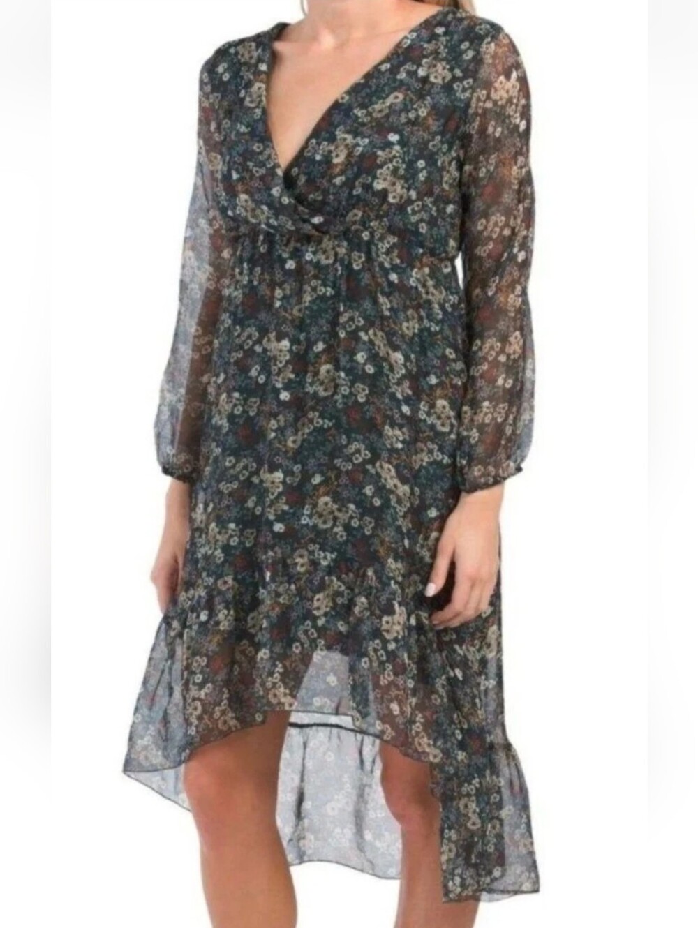 ELENA BALDI Teal Floral Neck Long Sleeve Midi Dress Sz L